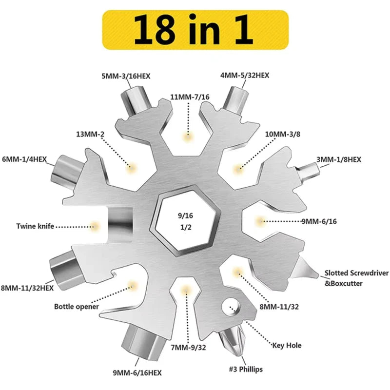 18-in-1 Sneeuwvlok Multitool Compact Zakgereedschap met Sleutelhangerbevestiging Draagbaar Gereedschap | Sulvida