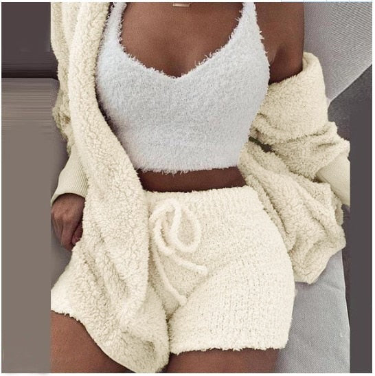 3-delige Comfy Set Breiwerk Loungewear Dames Gebreide Outfit met Top Broek Vest Homewear Huispak Setje | Sulvida