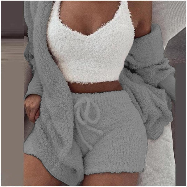 3-delige Comfy Set Breiwerk Loungewear Dames Gebreide Outfit met Top Broek Vest Homewear Huispak Setje | Sulvida