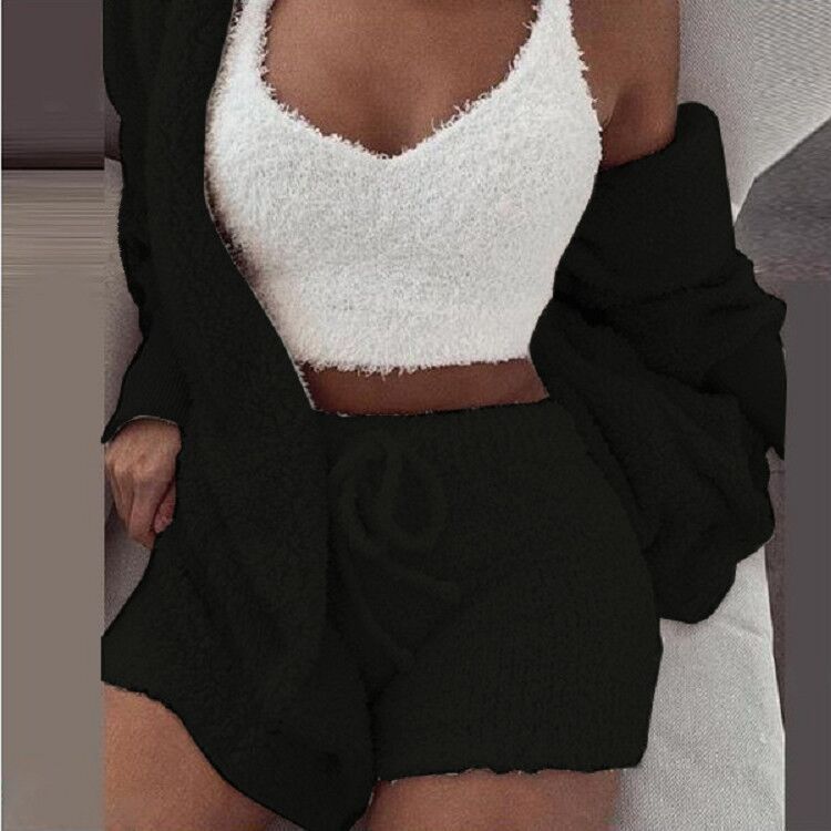 3-delige Comfy Set Breiwerk Loungewear Dames Gebreide Outfit met Top Broek Vest Homewear Huispak Setje | Sulvida