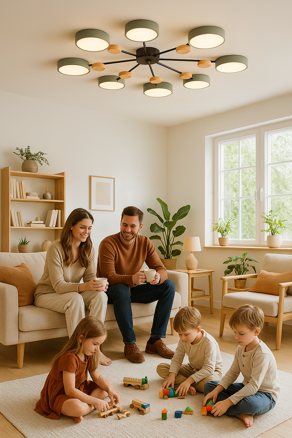 Moderne Scandinavische LED Plafondlamp met Houten Takken en Cirkelvormige Lichtpunten – Energiezuinige Designverlichting voor Woonkamer en Slaapkamer | Sulvida
