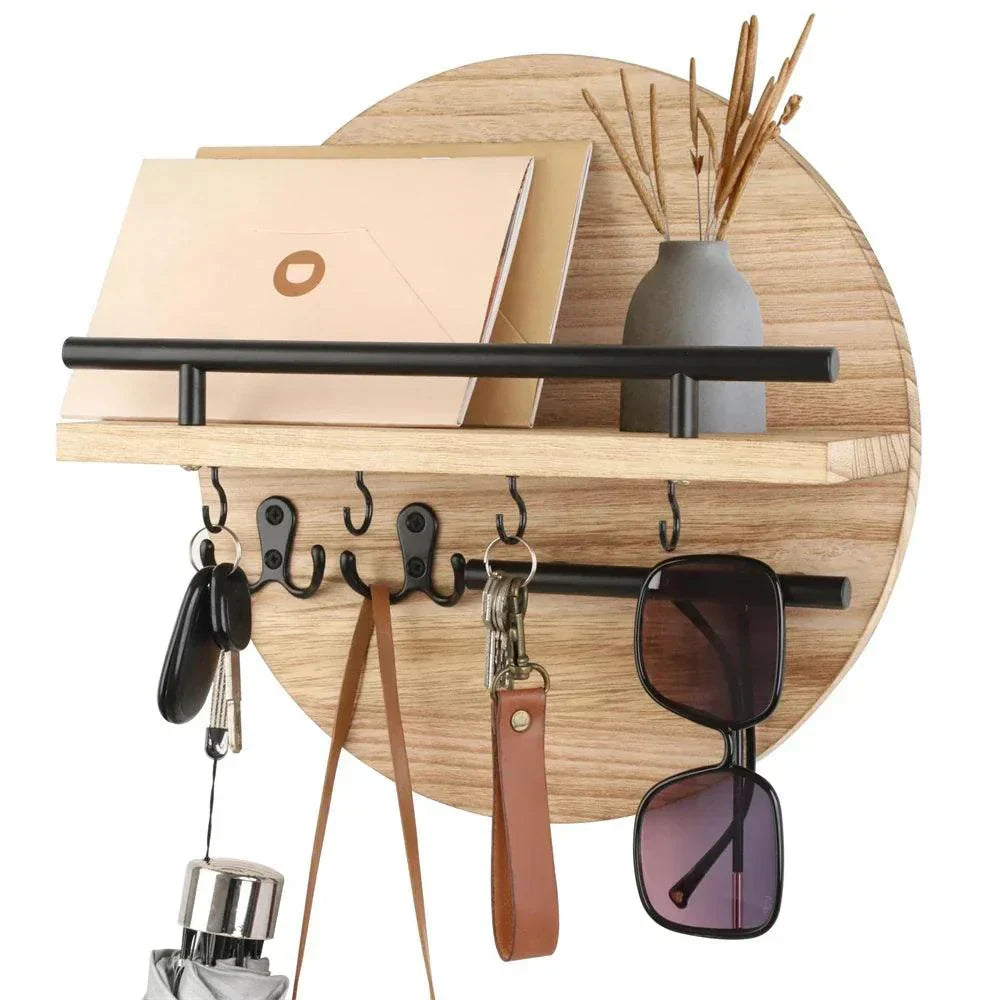 Wandhaak Hout Rond Ø30cm Metalen Haken Hal Entree Sleutelhouder Organiser Modern Minimalistisch Design | Sulvida