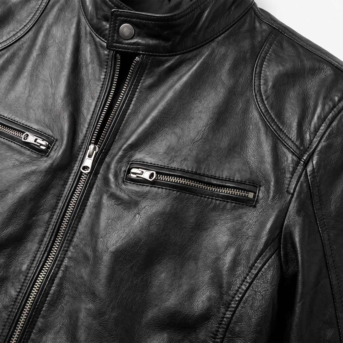 Leren Bikerjack Heren Motorjack Café Racer Stijl Staande Kraag Ritszakken Slim Fit Zwart Echt Leer Classic | Sulvida