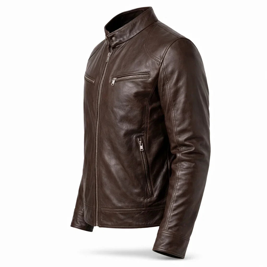 Leren Bikerjack Heren Motorjack Café Racer Stijl Staande Kraag Ritszakken Slim Fit Zwart Echt Leer Classic | Sulvida