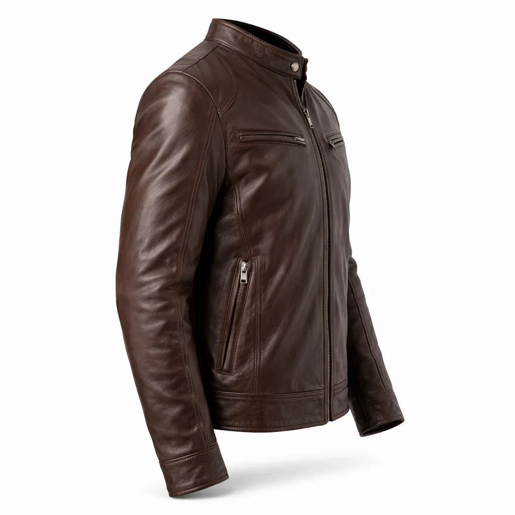 Leren Bikerjack Heren Motorjack Café Racer Stijl Staande Kraag Ritszakken Slim Fit Zwart Echt Leer Classic | Sulvida