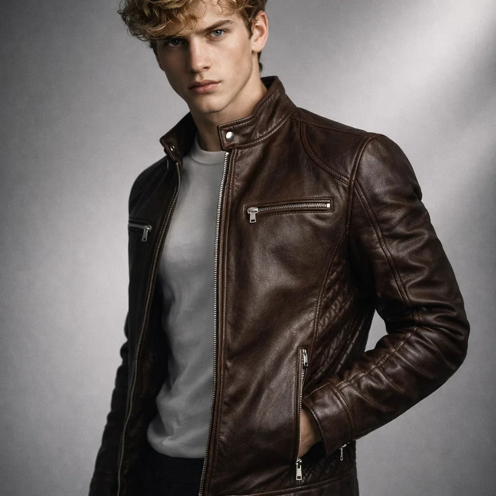 Leren Bikerjack Heren Motorjack Café Racer Stijl Staande Kraag Ritszakken Slim Fit Zwart Echt Leer Classic | Sulvida