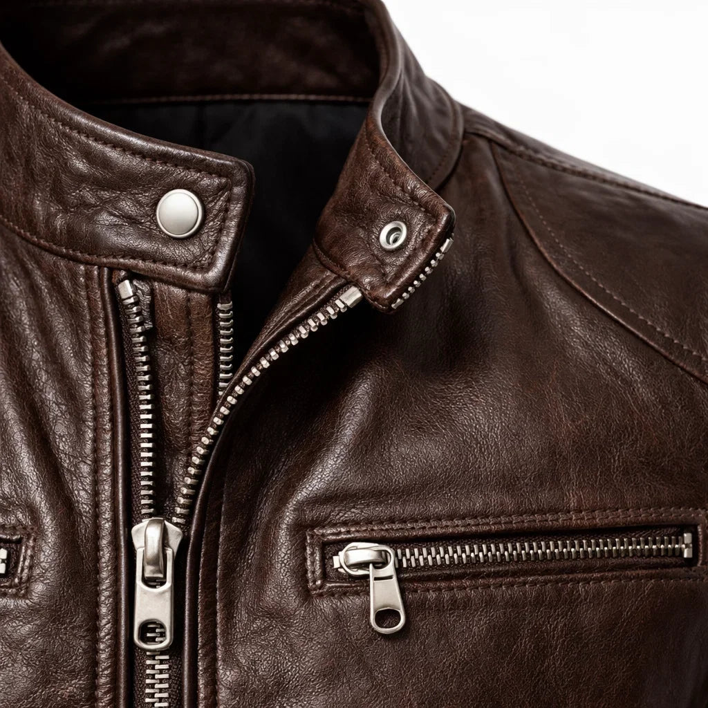 Leren Bikerjack Heren Motorjack Café Racer Stijl Staande Kraag Ritszakken Slim Fit Zwart Echt Leer Classic | Sulvida