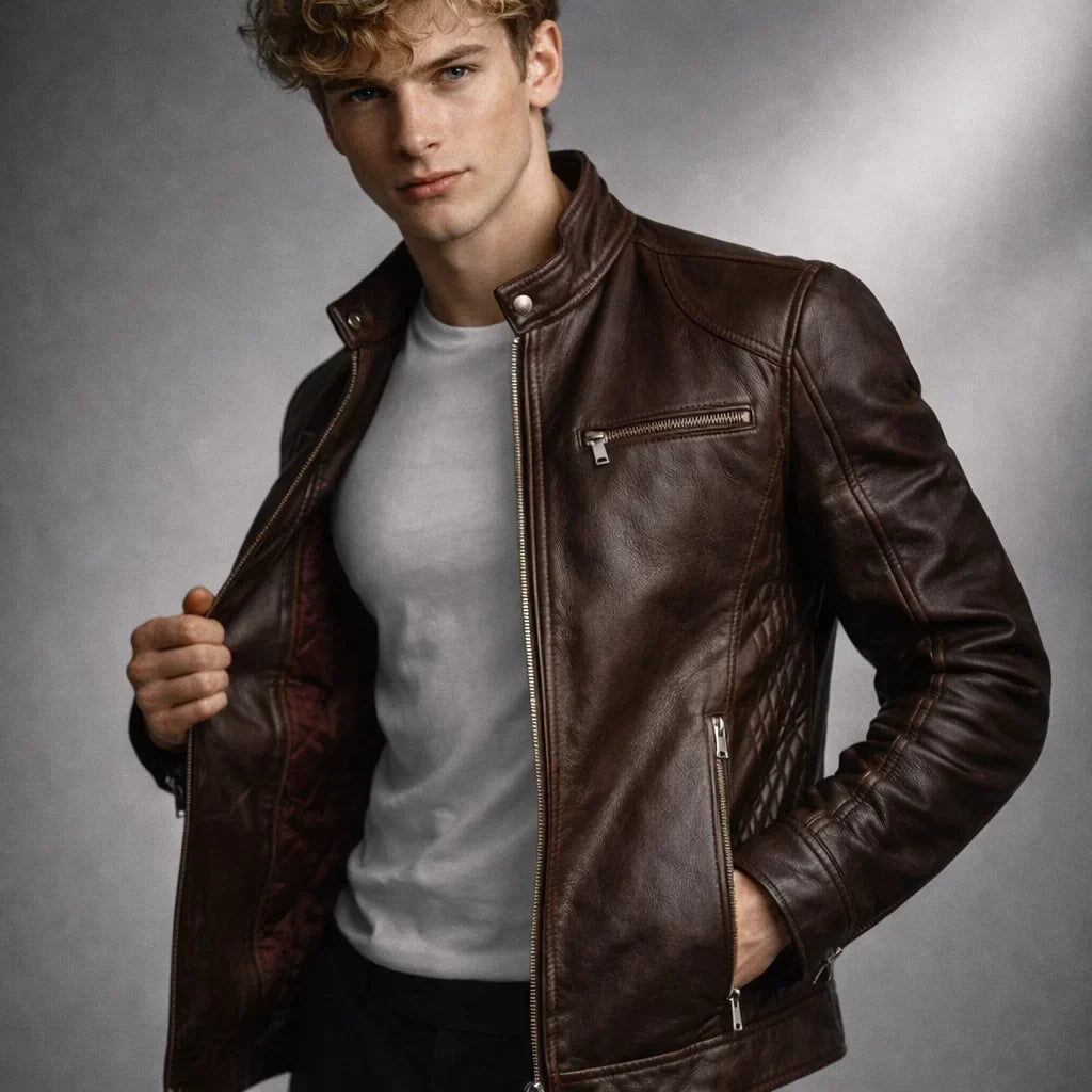 Leren Bikerjack Heren Motorjack Café Racer Stijl Staande Kraag Ritszakken Slim Fit Zwart Echt Leer Classic | Sulvida