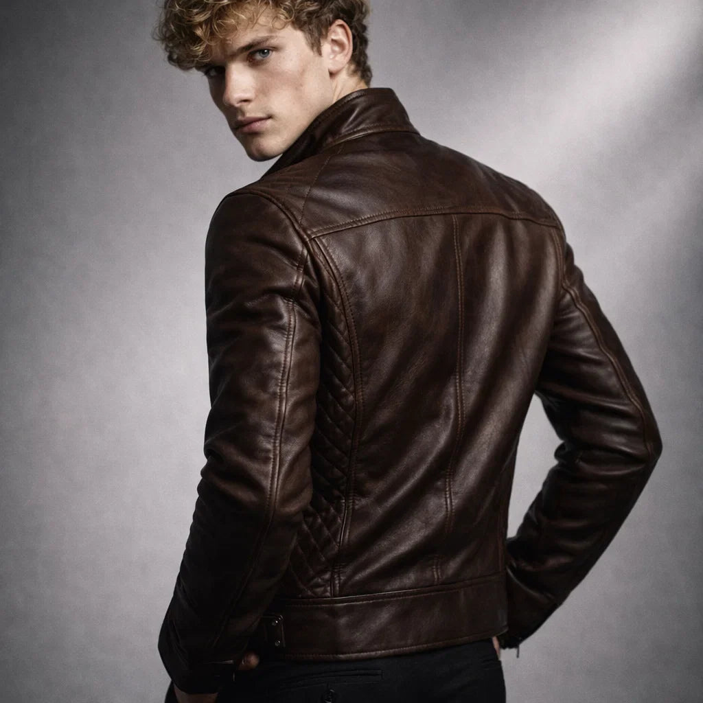 Leren Bikerjack Heren Motorjack Café Racer Stijl Staande Kraag Ritszakken Slim Fit Zwart Echt Leer Classic | Sulvida