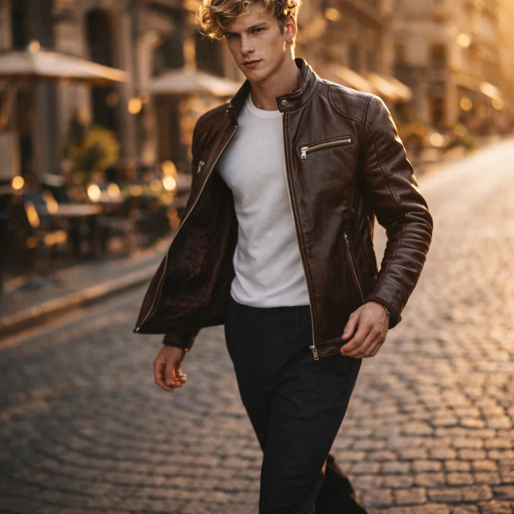 Leren Bikerjack Heren Motorjack Café Racer Stijl Staande Kraag Ritszakken Slim Fit Zwart Echt Leer Classic | Sulvida