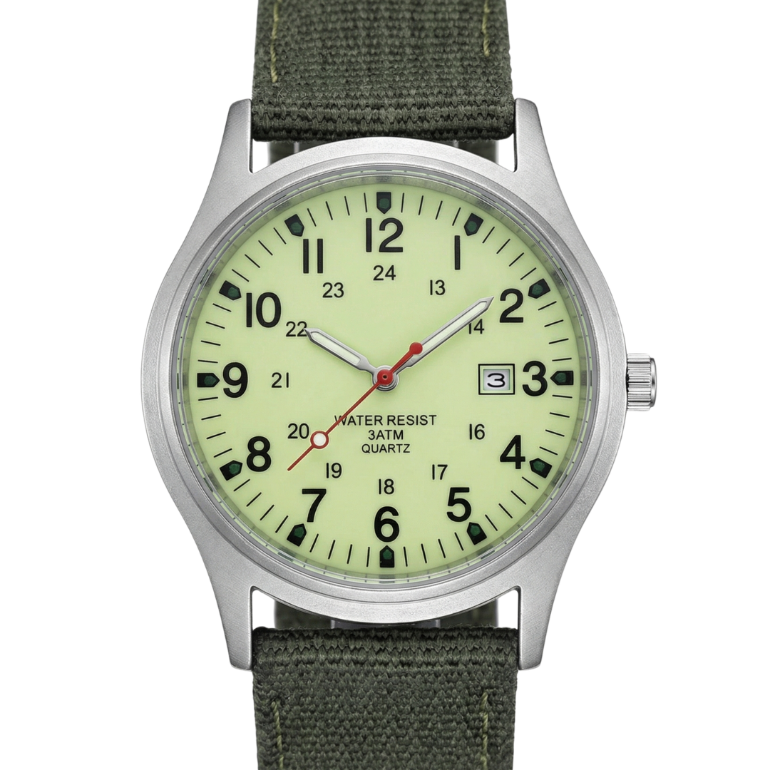 Herenhorloge met Stoffen Band en Datumweergave – Robuust Analoog Polshorloge Arabische Cijfers Kwarts | Sulvida