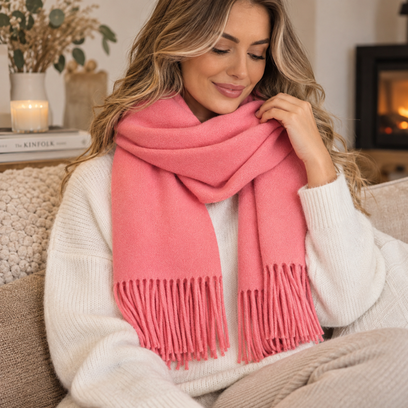 Écharpe à franges unie et douce, élégante étole, accessoire d’hiver et tour de cou chaud et confortable | Sulvida
