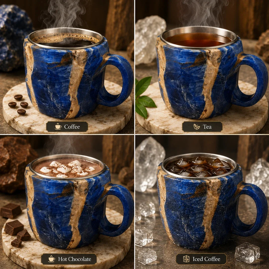 Handgemaakte Agaat Mokken met Roestvrijstalen Binnenkant – Natuursteenlook Koffiemokken 320ml voor Thee en Koffie | Sulvida