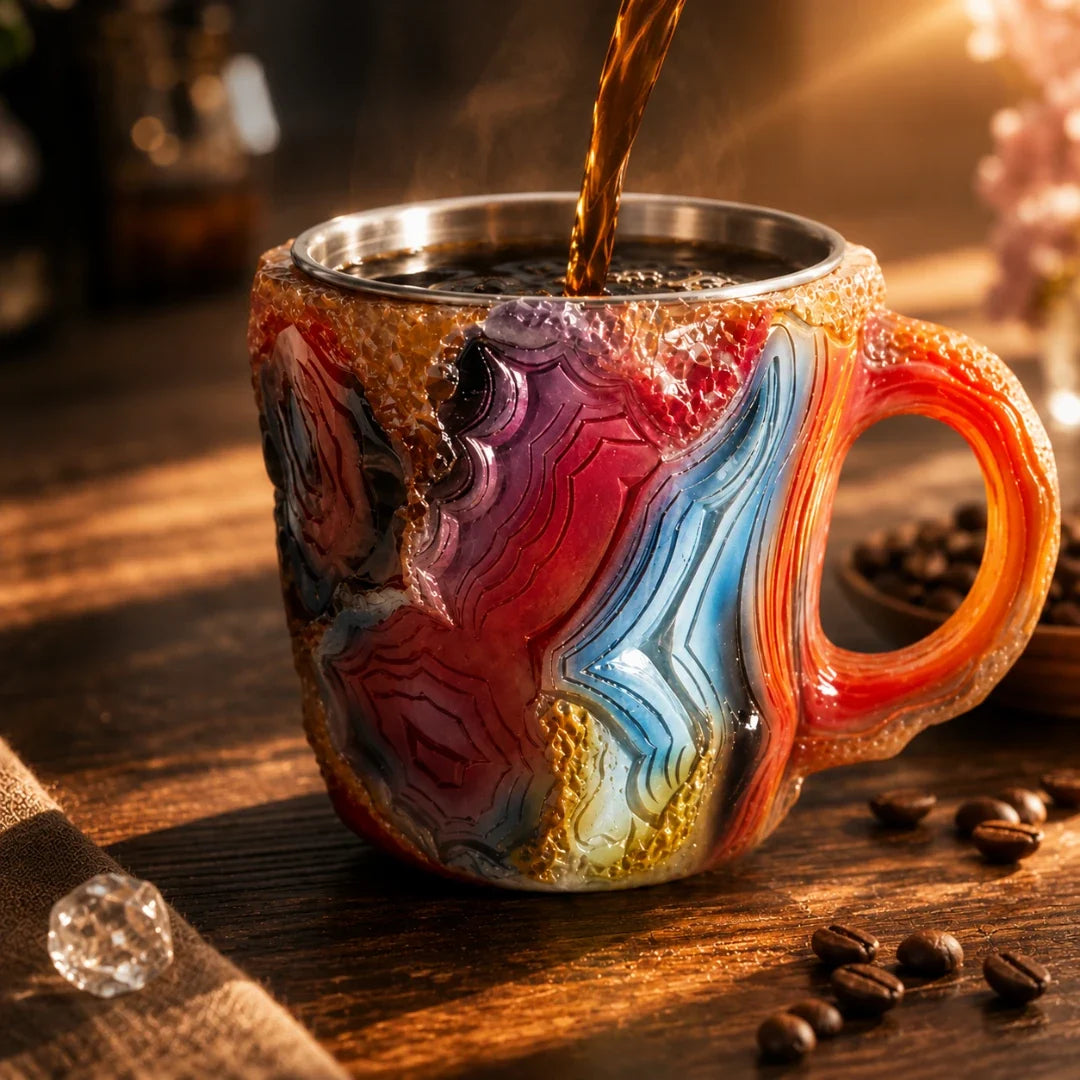 Handgemaakte Agaat Mokken met Roestvrijstalen Binnenkant – Natuursteenlook Koffiemokken 320ml voor Thee en Koffie | Sulvida