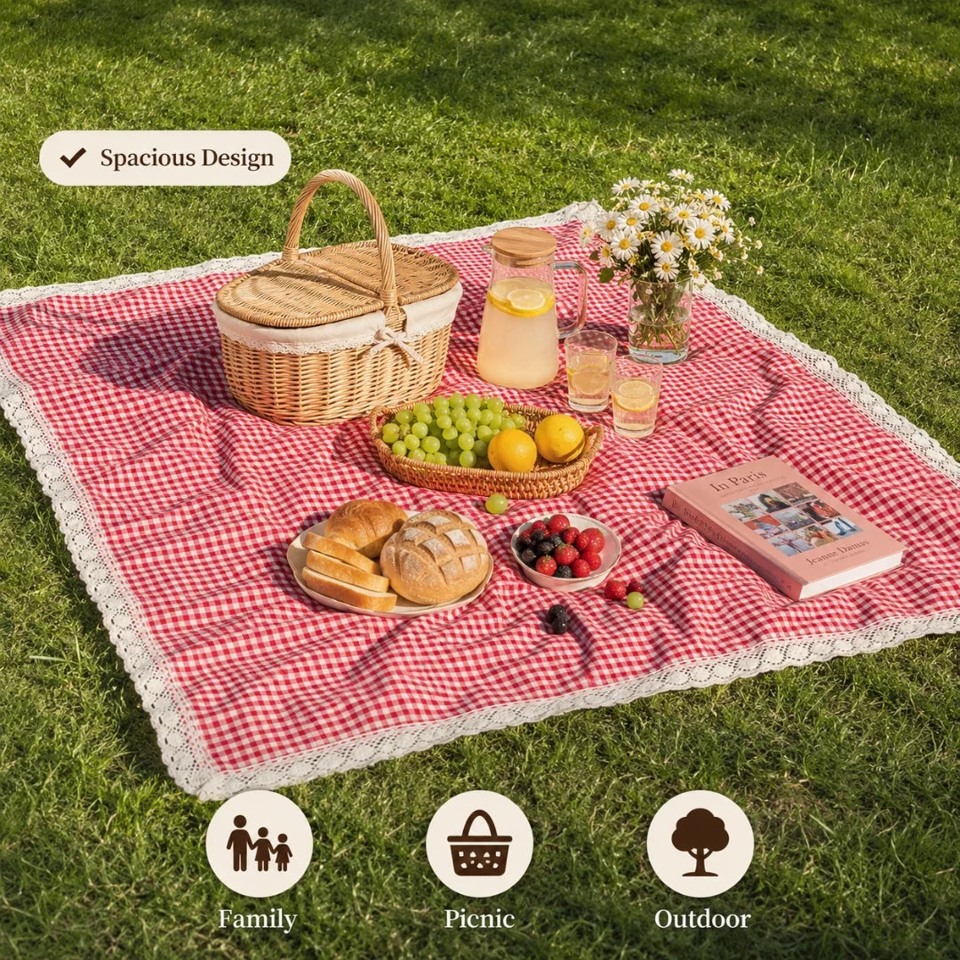 Picknickdeken Rood Gingham met gehaakt kantwerk 100×150 cm waterafstotend opvouwbaar voor picknick en outdoor | Sulvida