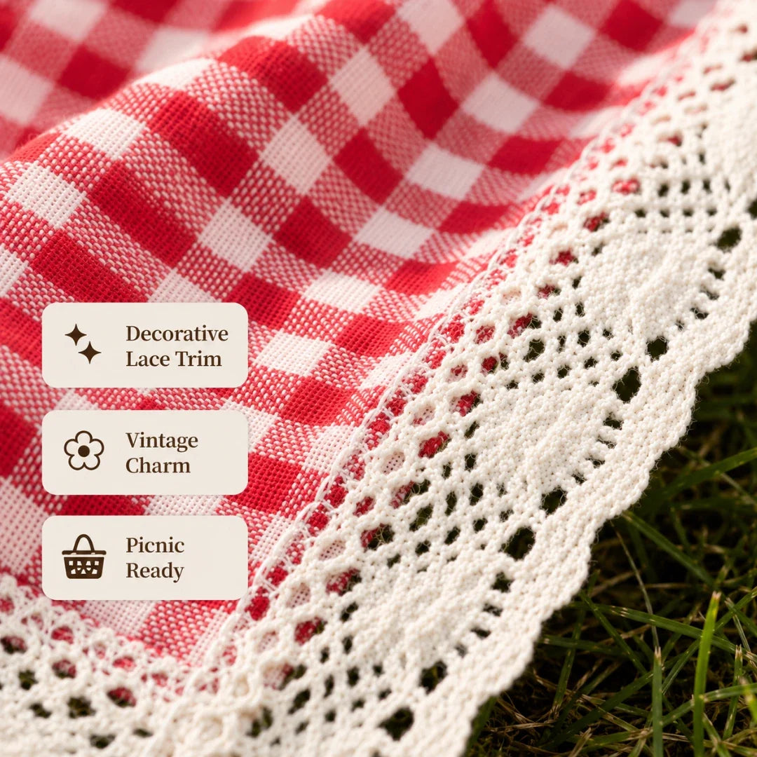 Picknickdeken Rood Gingham met gehaakt kantwerk 100×150 cm waterafstotend opvouwbaar voor picknick en outdoor | Sulvida