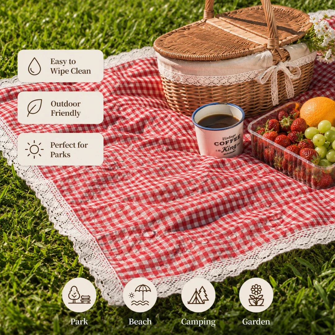 Picknickdeken Rood Gingham met gehaakt kantwerk 100×150 cm waterafstotend opvouwbaar voor picknick en outdoor | Sulvida