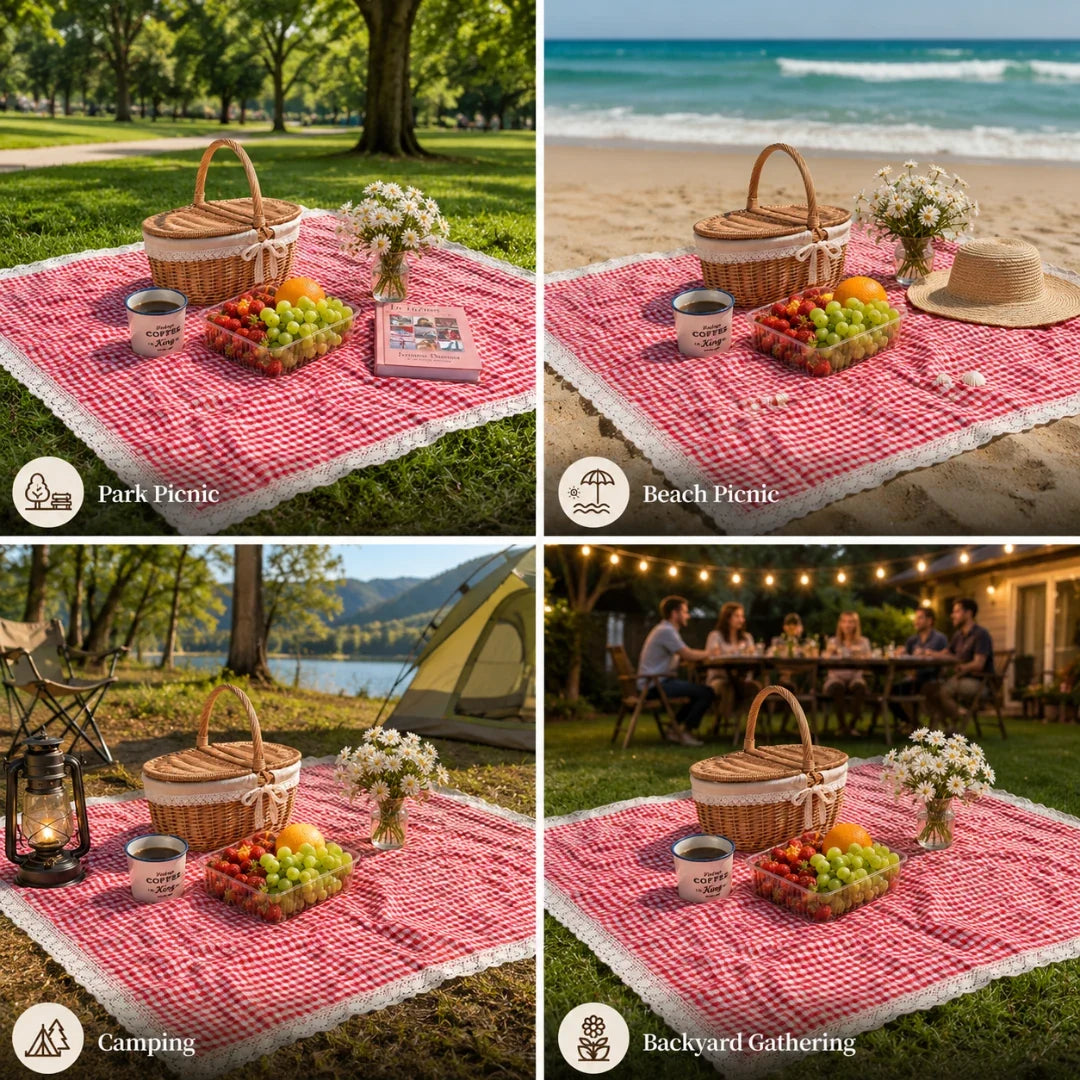 Picknickdeken Rood Gingham met gehaakt kantwerk 100×150 cm waterafstotend opvouwbaar voor picknick en outdoor | Sulvida