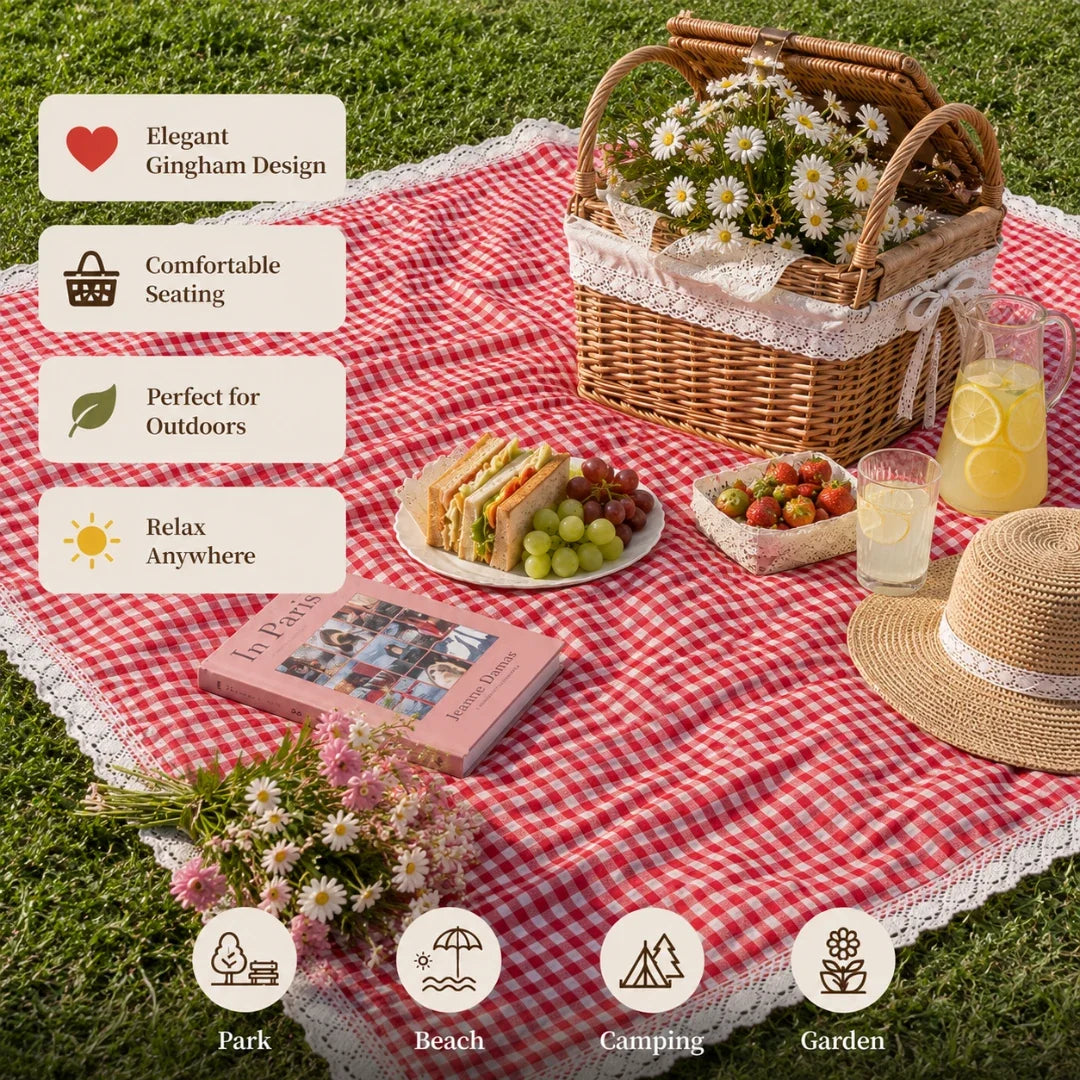 Picknickdeken Rood Gingham met gehaakt kantwerk 100×150 cm waterafstotend opvouwbaar voor picknick en outdoor | Sulvida