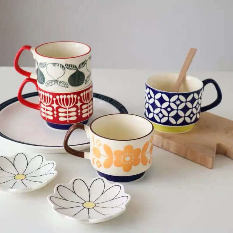 Tasse à café rétro en céramique, 300ml, style vintage Mid-Century Modern, vaisselle disponible en 8 designs différents, compatible lave-vaisselle | Sulvida