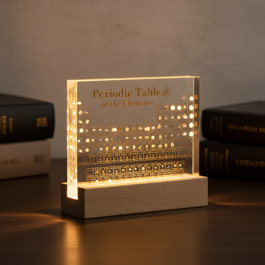 Décoration du tableau périodique, 83 éléments, vitrine lumineuse avec socle en bois, éducative et scientifique | Sulvida