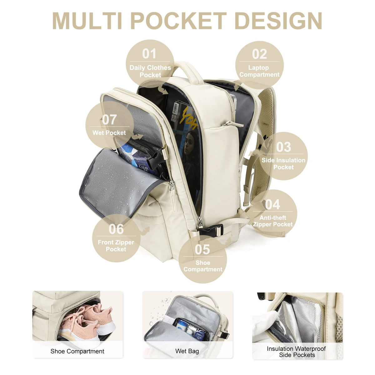 Sac à dos de voyage multifonctionnel pour femme 35 L, noir, beige, bleu, vert, violet, avec USB, étanche, en nylon, antivol | Sulvida