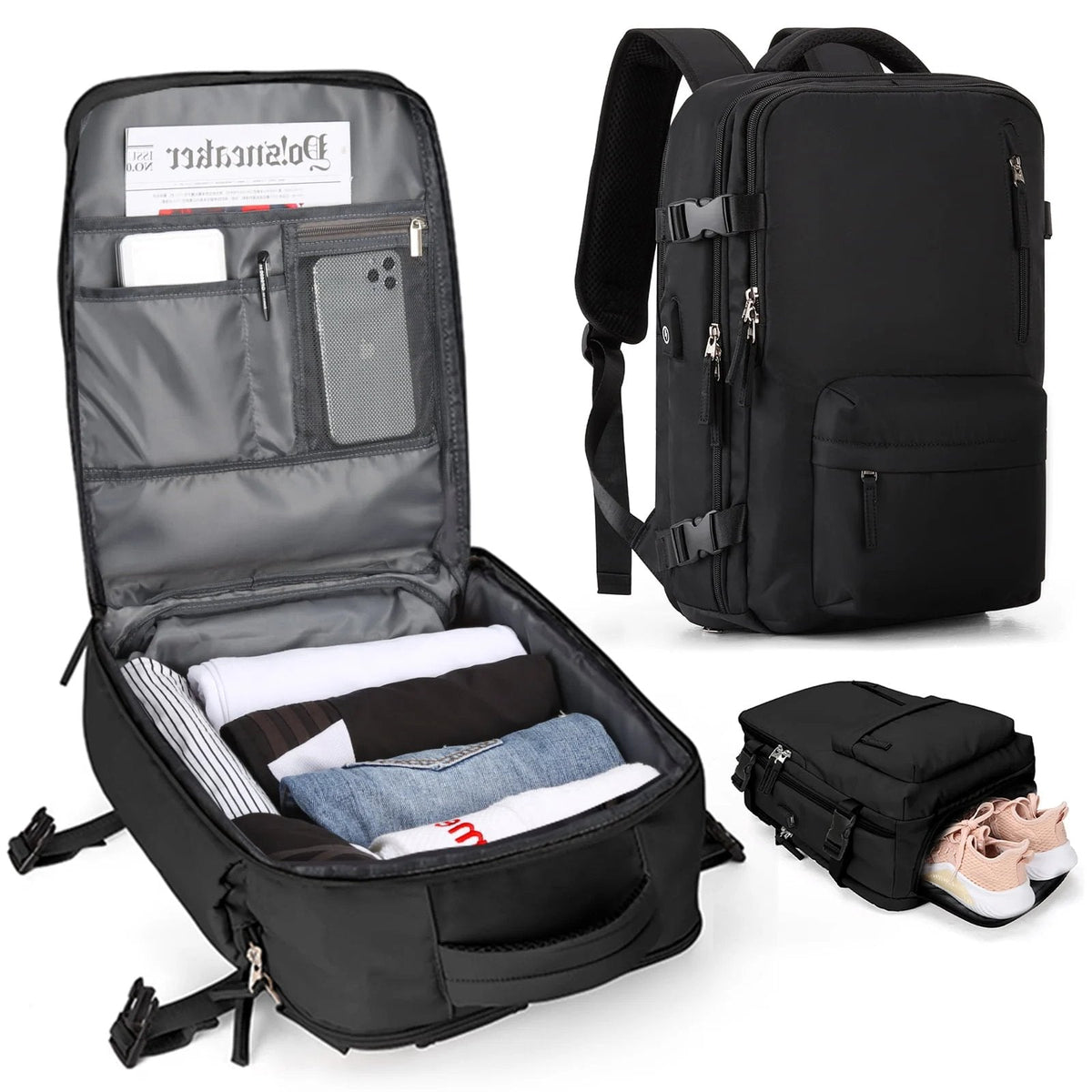 Sac à dos de voyage multifonctionnel pour femme 35 L, noir, beige, bleu, vert, violet, avec USB, étanche, en nylon, antivol | Sulvida