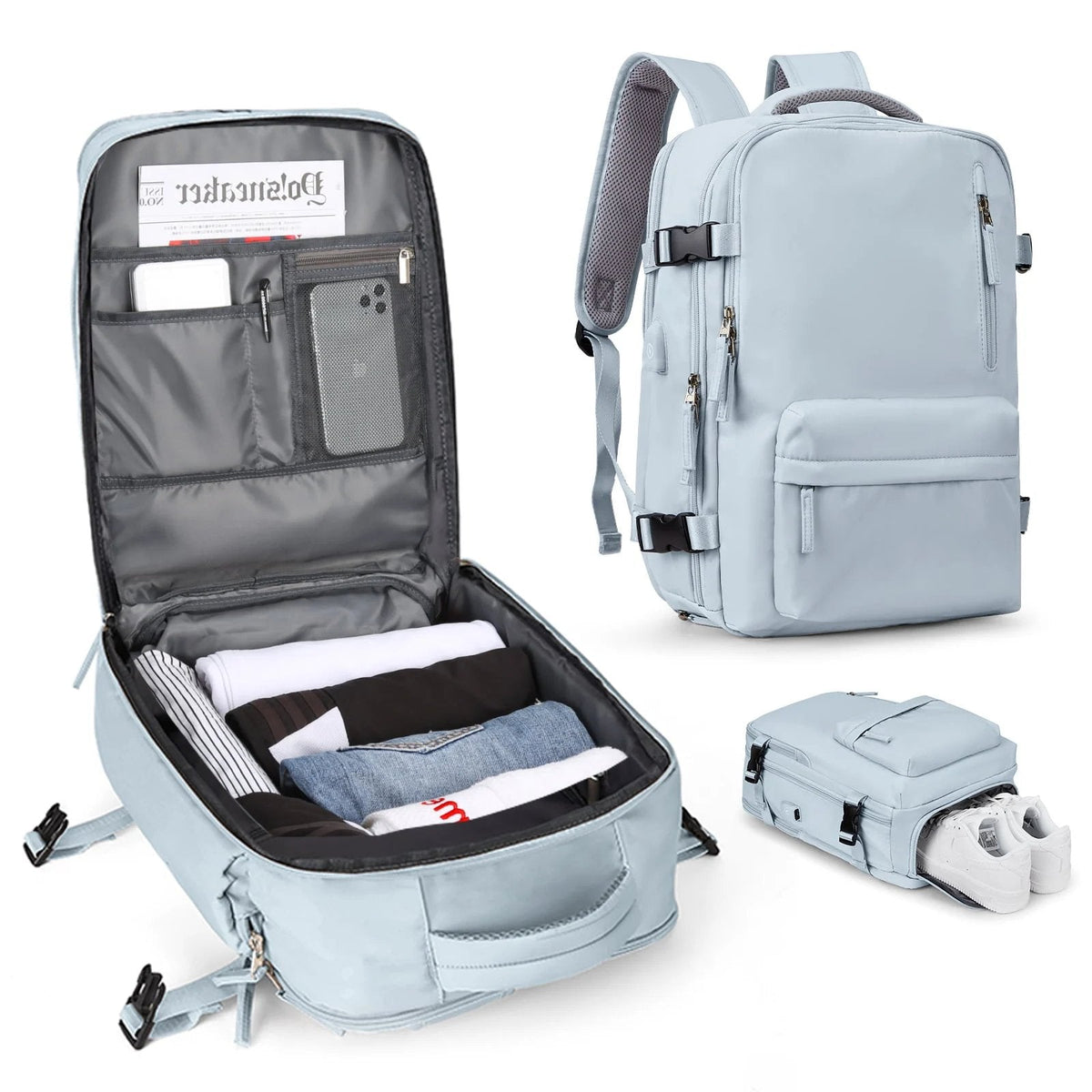 Sac à dos de voyage multifonctionnel pour femme 35 L, noir, beige, bleu, vert, violet, avec USB, étanche, en nylon, antivol | Sulvida