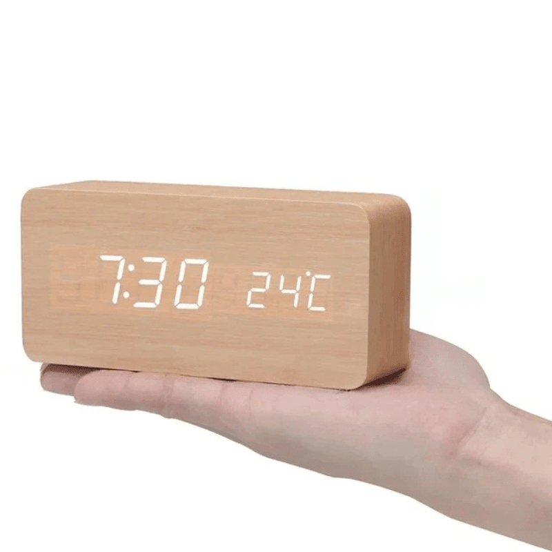 Moderne Houten Wekker met LED-Display Spraakactivering Thermometer Tijdsweergave Bureau Nachtkastje Alarm | Sulvida