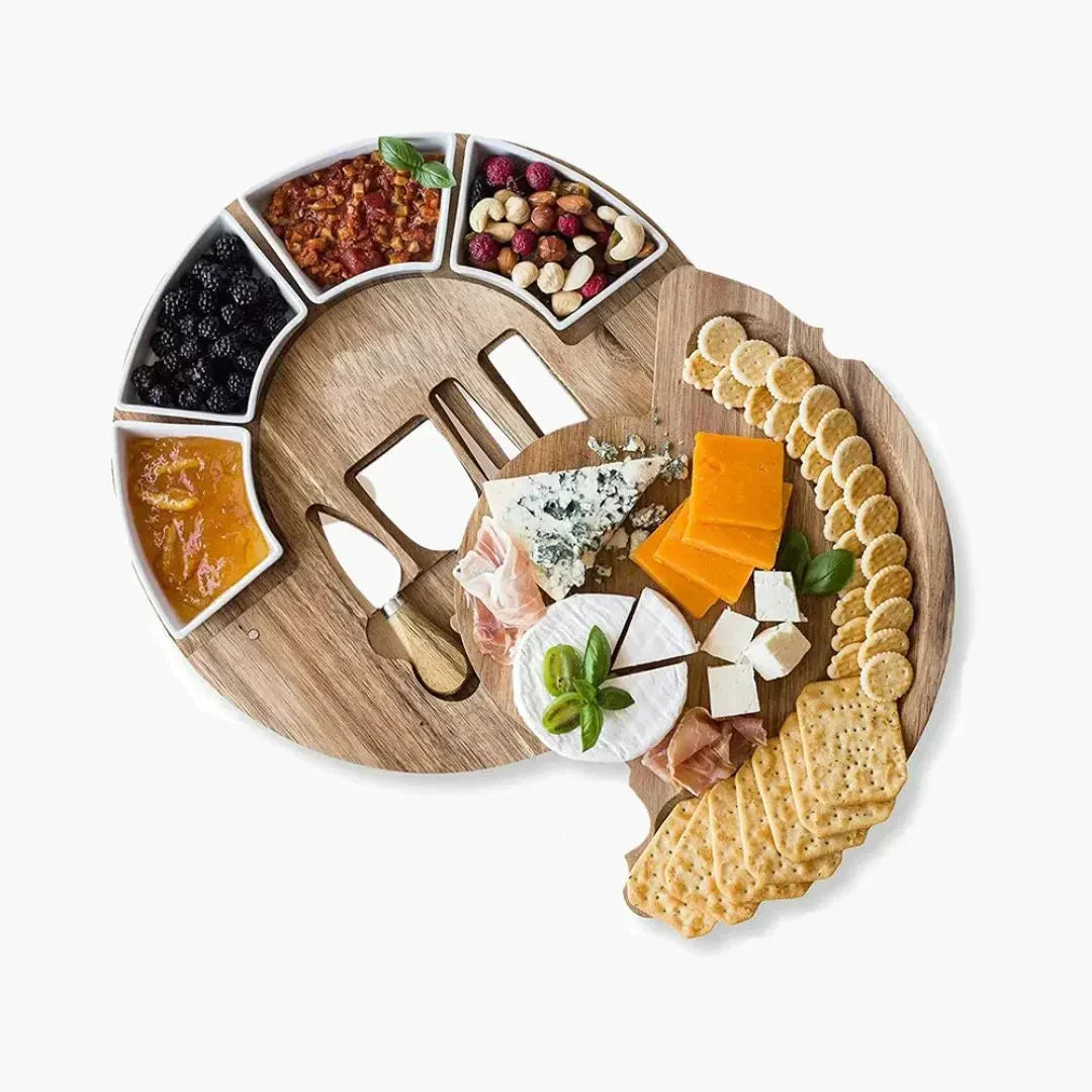 Serveerplank Rond Acaciahout 33cm met Kommen Messen Kaasplank Tapasschaal Hapjesplank Borrelplank Snijplank | Sulvida