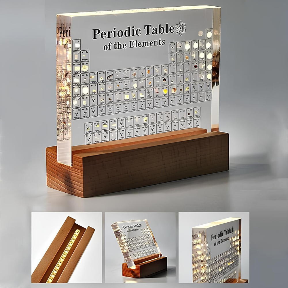 Verlicht Periodiek Systeem met 83 Echte Elementen Acryl Display Houten Voet LED Educatief Decoratief | Sulvida