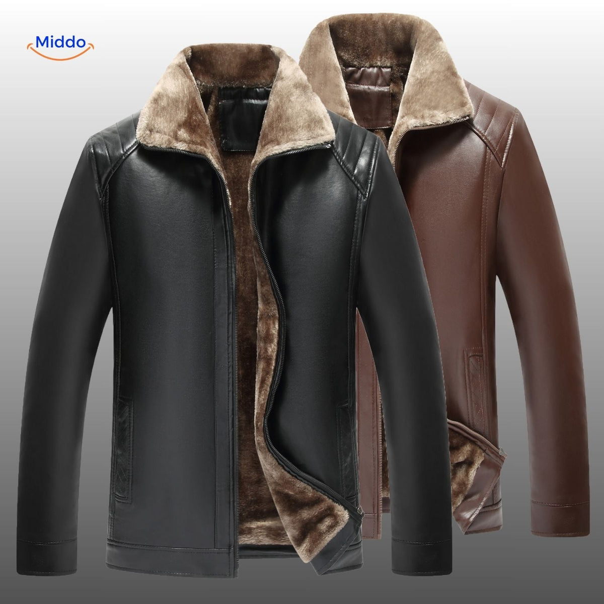 Leren jas met luxe bontvoering zwart bruin winterjas heren dames warme jas mode klassiek design stijlvol | Sulvida