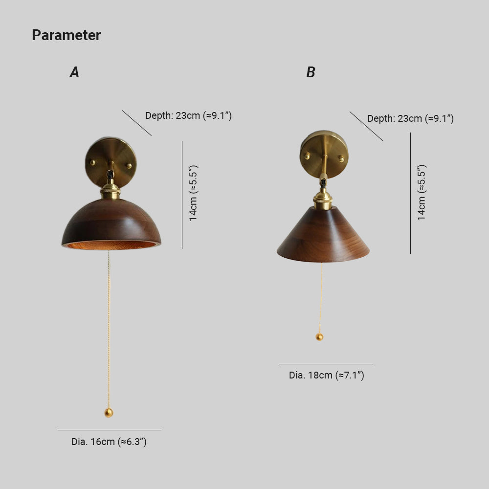 Vintage Wandlamp Hout met Trekschakelaar Dome Kap Messing E26 E27 Slaapkamer Woonkamer Warm Sfeerlicht Retro | Sulvida
