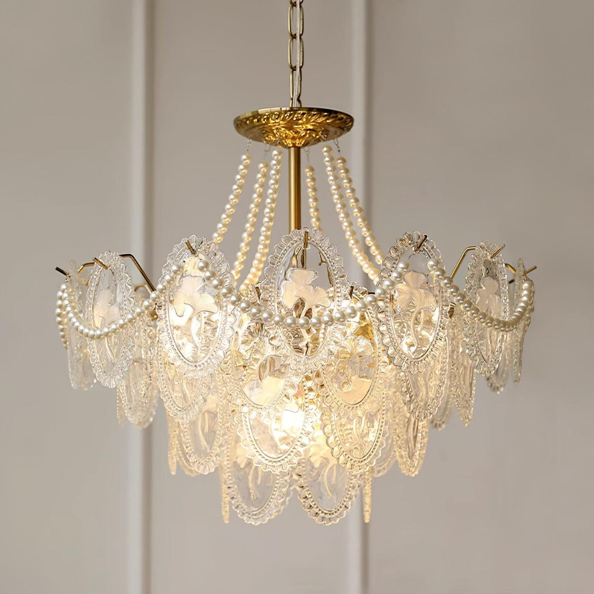 Kroonluchter met glazen parels goud meerlaags design voor woonkamer eetkamer slaapkamer luxe hanglamp E14 | Sulvida