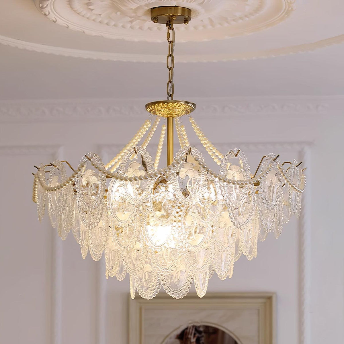 Kroonluchter met glazen parels goud meerlaags design voor woonkamer eetkamer slaapkamer luxe hanglamp E14 | Sulvida