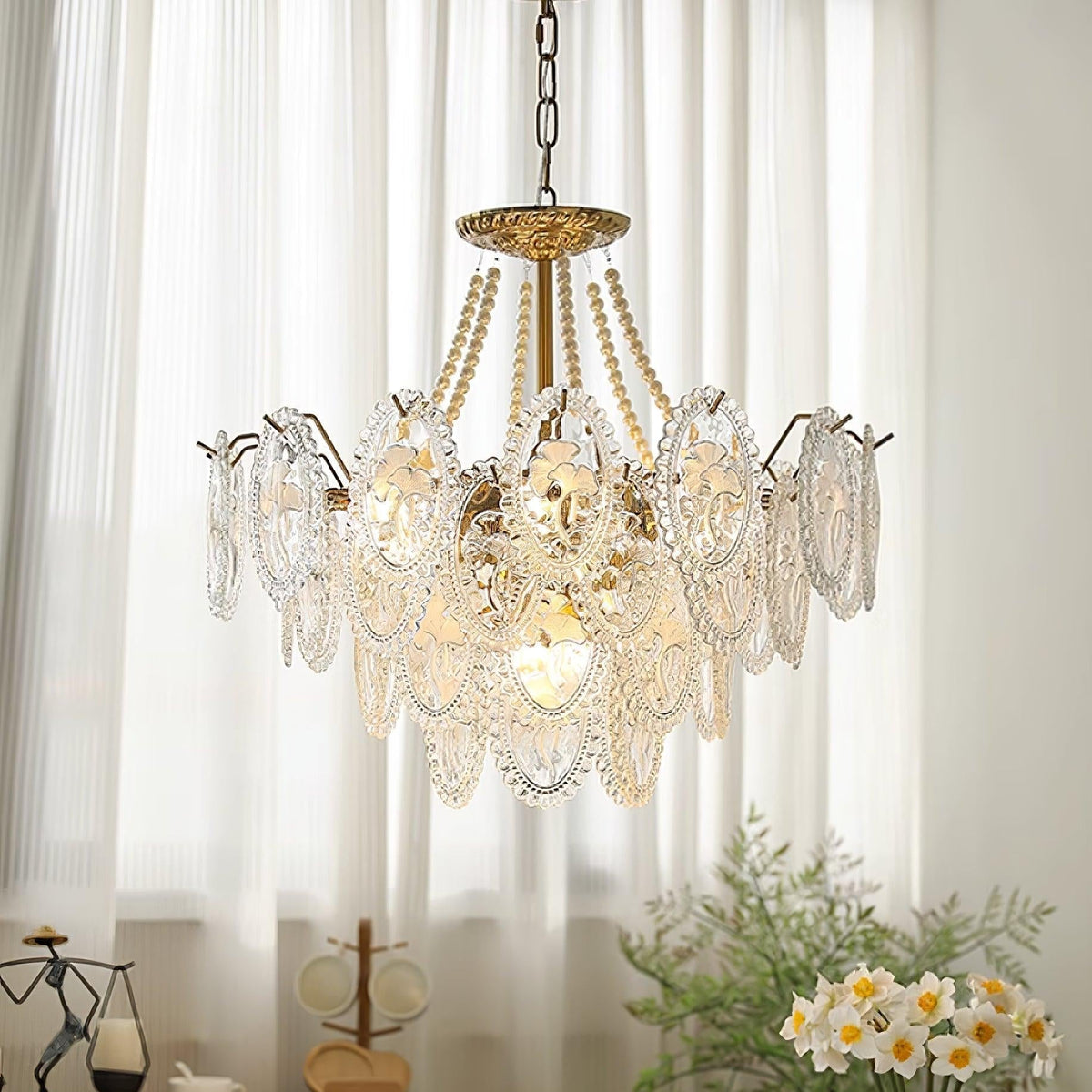 Kroonluchter met glazen parels goud meerlaags design voor woonkamer eetkamer slaapkamer luxe hanglamp E14 | Sulvida