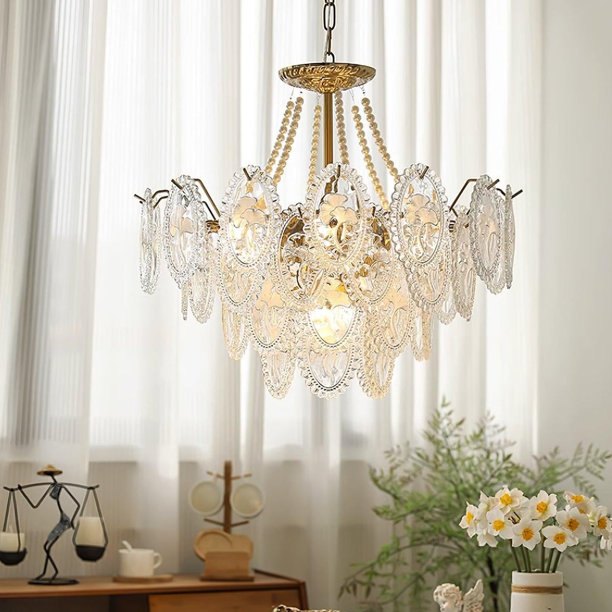 Kroonluchter met glazen parels goud meerlaags design voor woonkamer eetkamer slaapkamer luxe hanglamp E14 | Sulvida