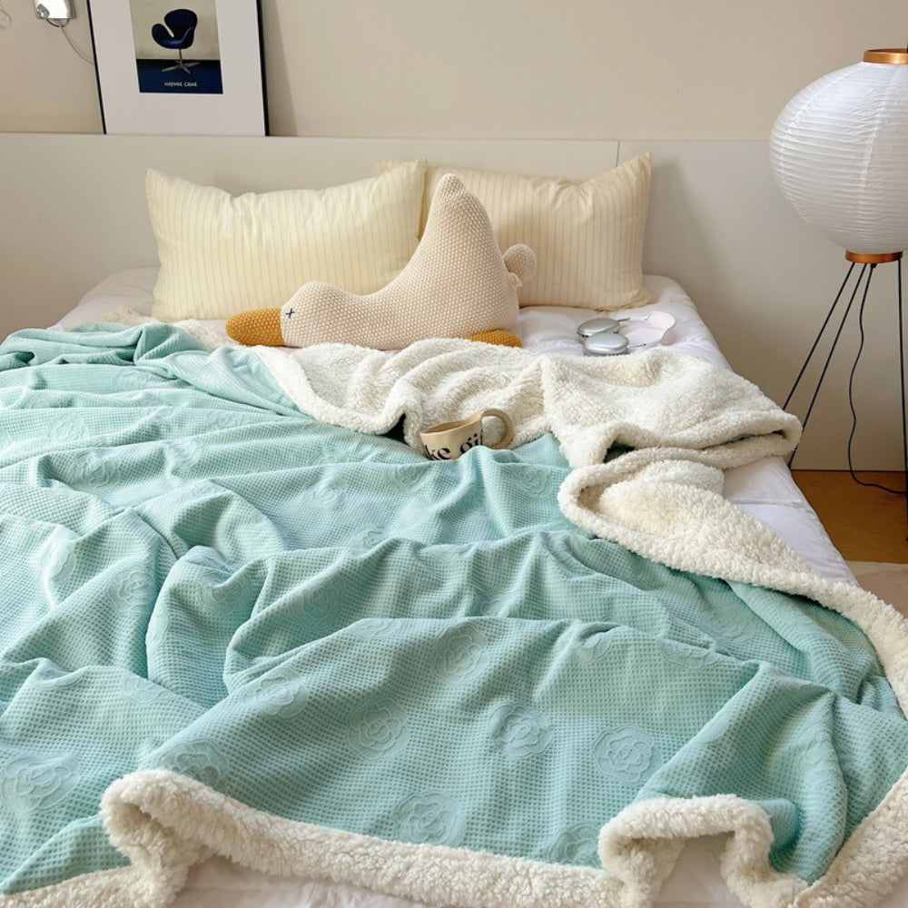 Dubbellaagse Teddy Deken met Bloemenreliëf – Zachte Sherpa Plaid voor Bank & Bed – Champagne Roze Woonplaid | Sulvida