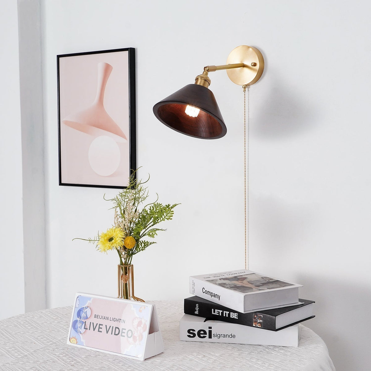 Vintage Wandlamp Hout met Trekschakelaar Dome Kap Messing E26 E27 Slaapkamer Woonkamer Warm Sfeerlicht Retro | Sulvida