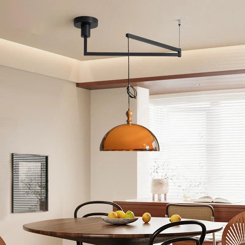 Draaibare hanglamp met dome kap en zwenkarm van acryl hout metaal voor studeerkamer eetkamer woonkamer | Sulvida