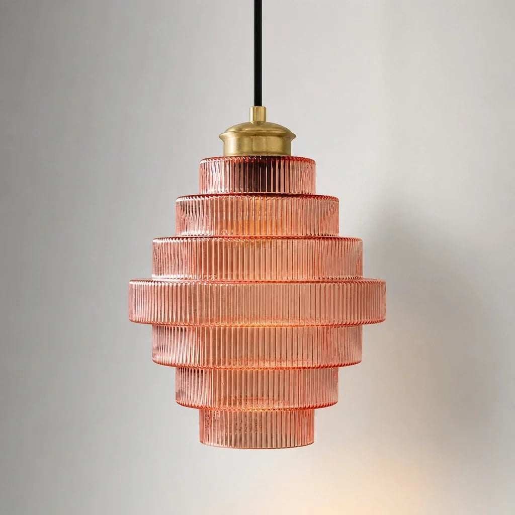 Geribbelde glazen hanglamp gelaagd flessendesign Art Deco vintage eetkamer keuken woonkamer slaapkamer | Sulvida