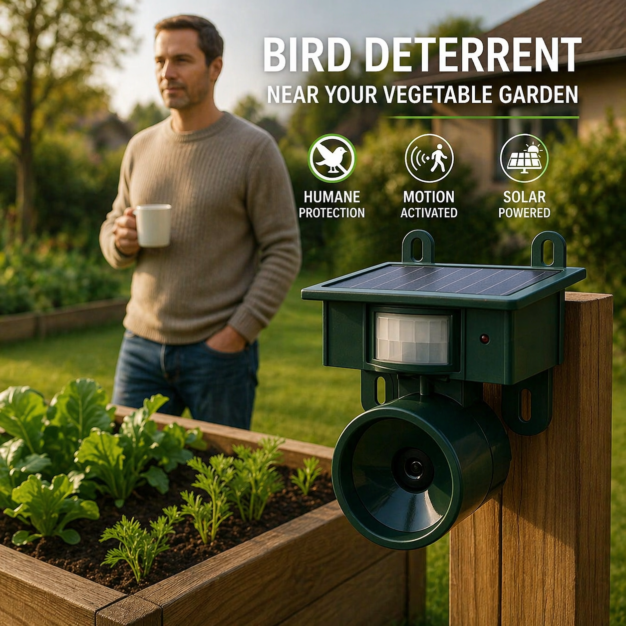 Vogelafweersysteem met PIR-sensor en natuurlijke roofdiergeluiden voor bescherming tegen duiven, kraaien en eksters | Sulvida