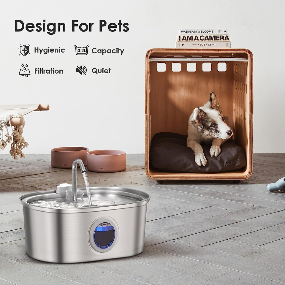 Fontaine à eau en acier inoxydable pour animaux, 3,2L, fenêtre de niveau d’eau, double filtration, pompe silencieuse, pour chats et chiens | Sulvida