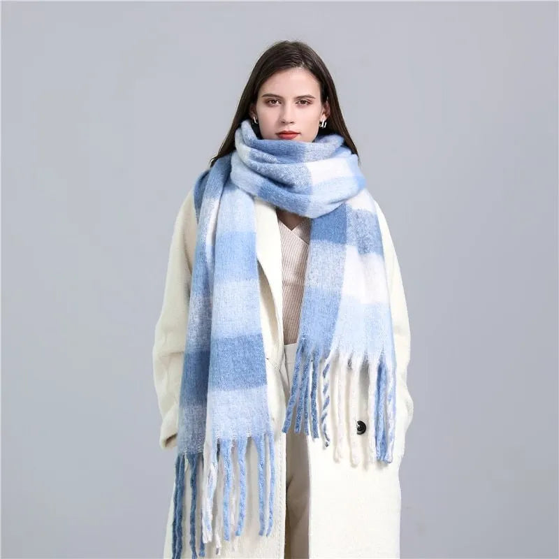 Écharpe à carreaux en cachemire bleu ciel avec pompons, accessoire d’hiver épais, chaud, synthétique premium et élégant 220×50cm | Sulvida