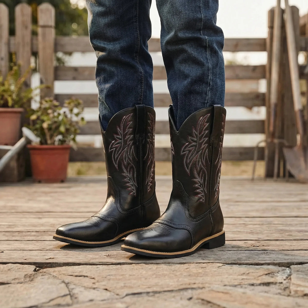 Bottes western mi-hautes à bout carré et broderies, style cowboy, pour hommes et femmes, confortables et décontractées | Sulvida