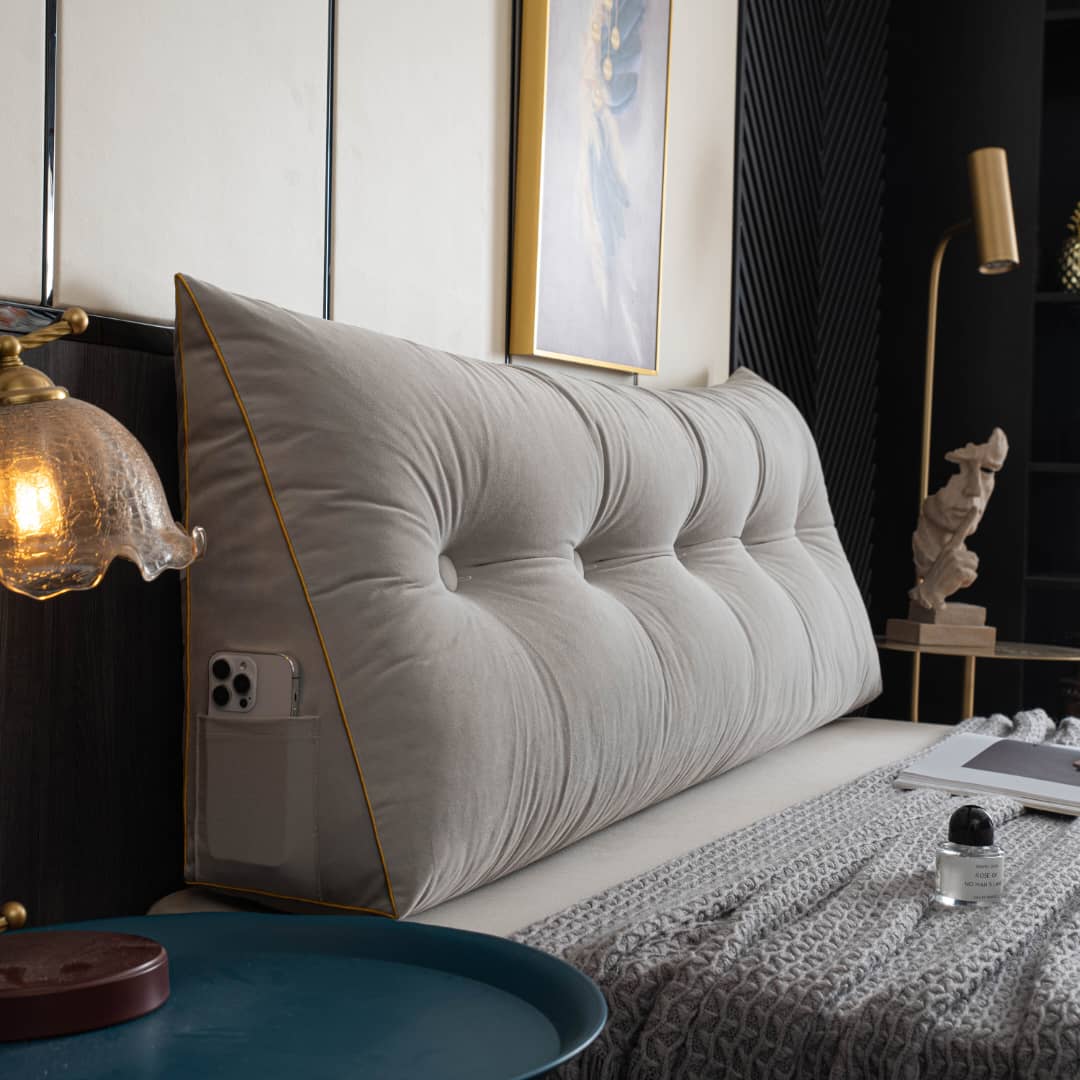 Driehoekig Rugsteun Leeskussen voor Bed en Bank met Opbergvak Wasbare Hoes Comfort Kussen Grijs Blauw | Sulvida