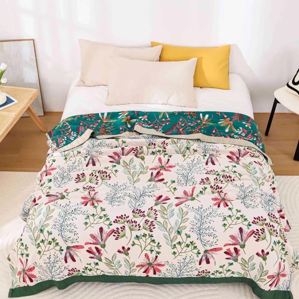 Plaid vierlaagsgeweven biologisch katoen 200×230 cm groen wit zachte deken woonkamer slaapkamer picknick | Sulvida