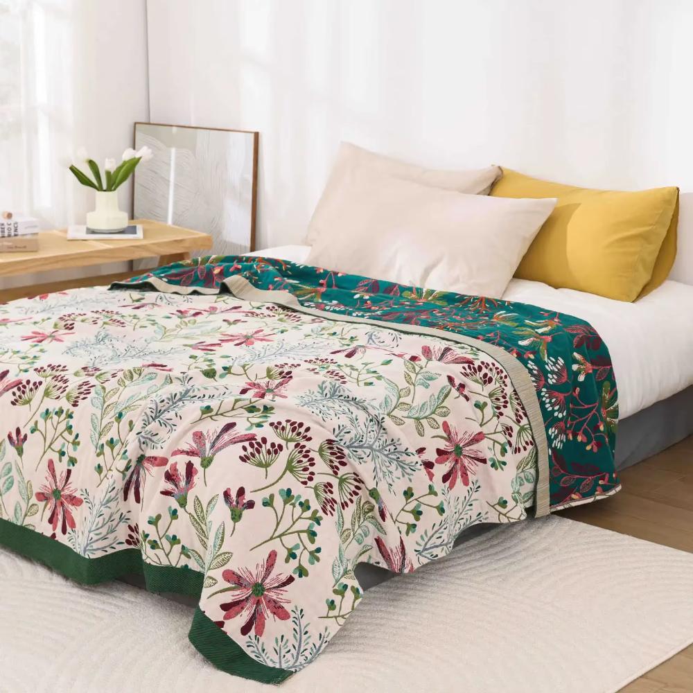 Plaid vierlaagsgeweven biologisch katoen 200×230 cm groen wit zachte deken woonkamer slaapkamer picknick | Sulvida