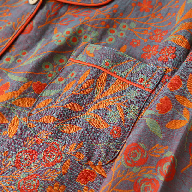 Vintage Loungewear Set met Blaaddessin - Katoenen Pyjama met Klassiek Jacquardpatroon voor Dames en Heren - Comfortabele Homewear | Sulvida