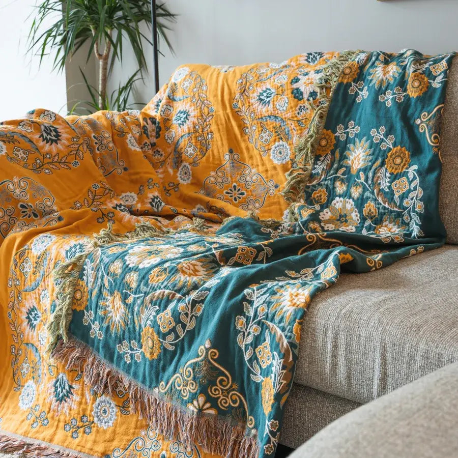 Vintage Plaid met Bloemdessin – Luxe Geweven Deken voor Bank en Bed – Franjedeken – Boho Stijl Woondecoratie en Warmte | Sulvida